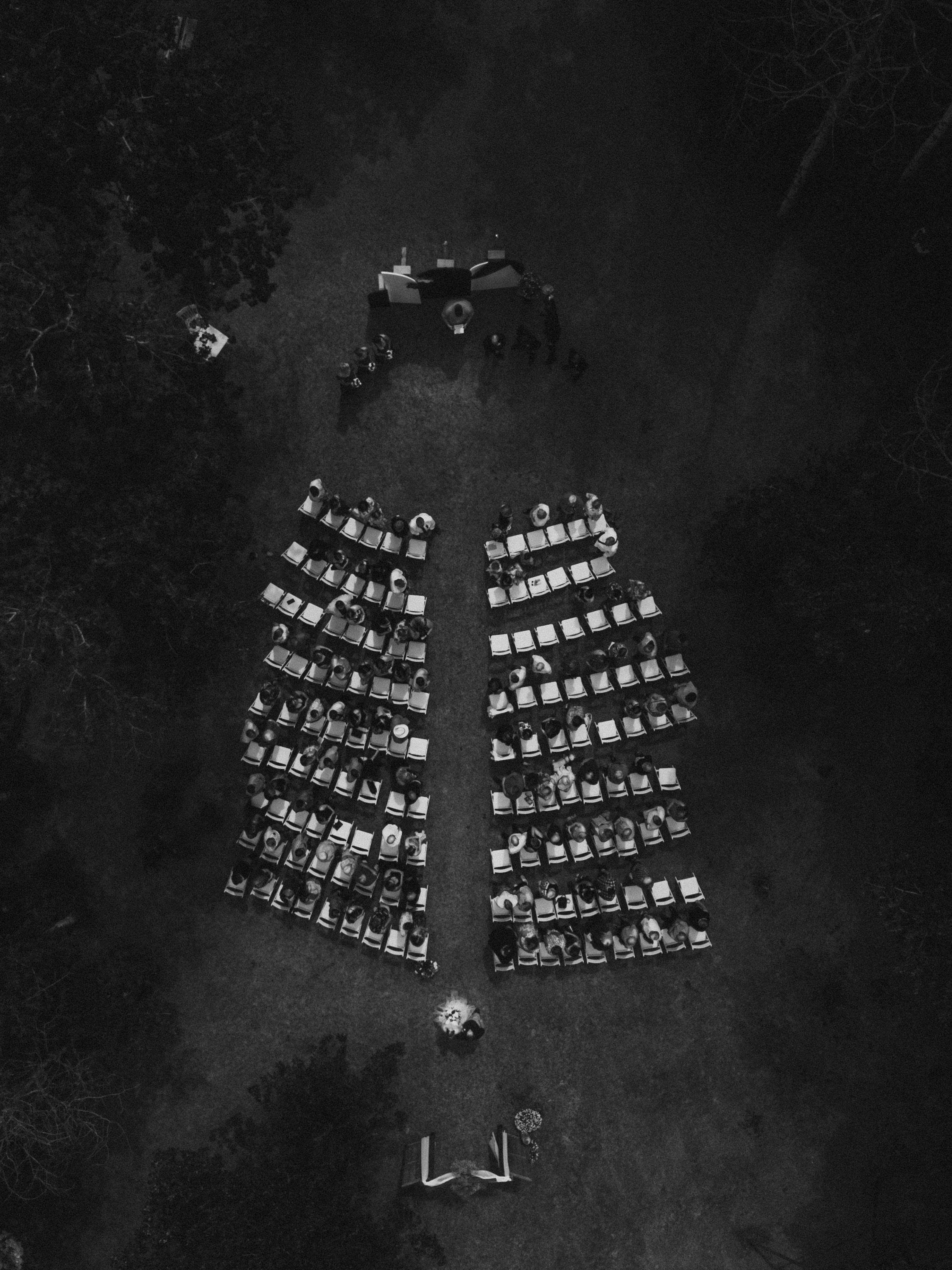 Aerial drone view of outdoor wedding ceremony Manitoba — Ngo Photography