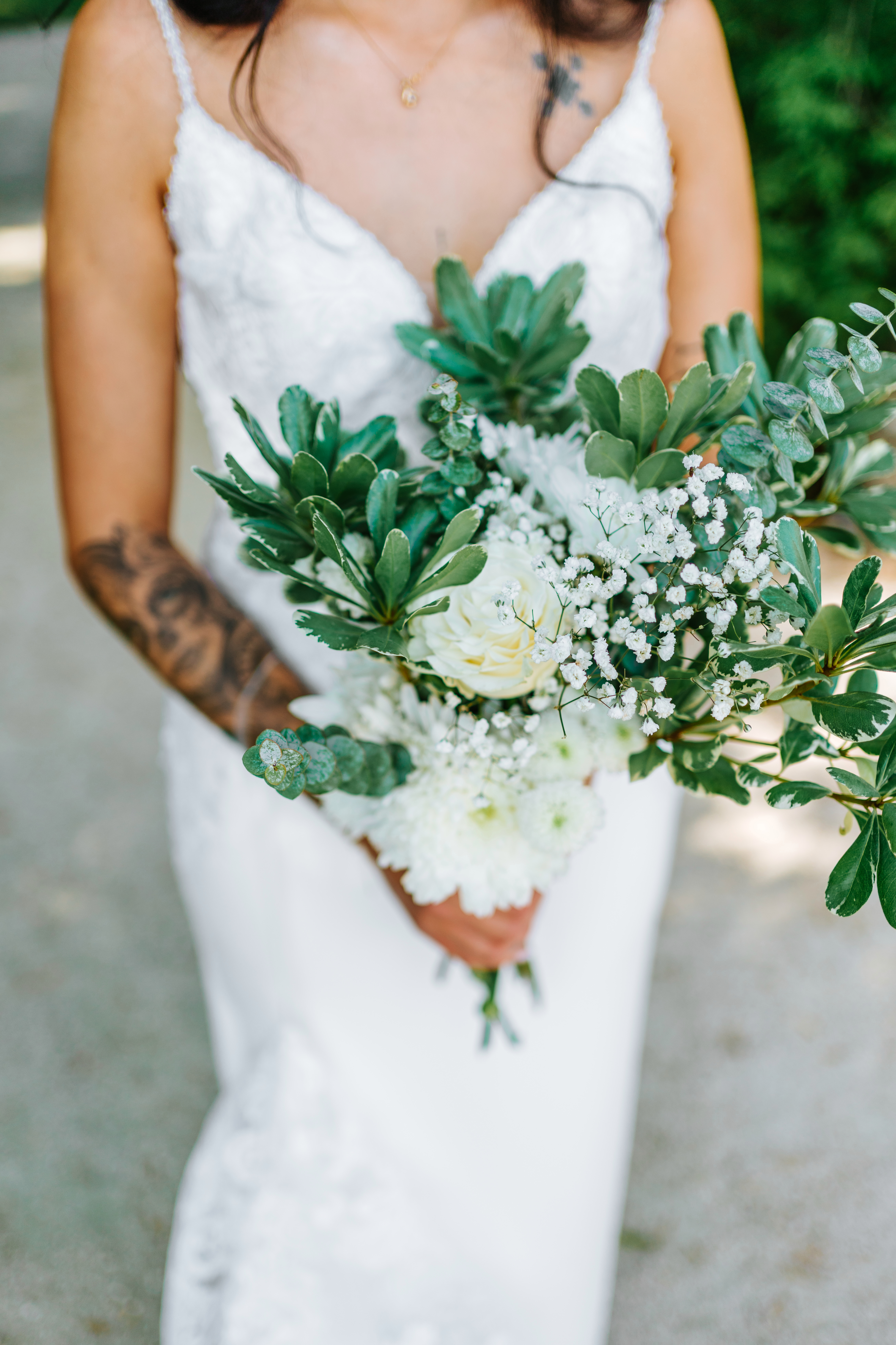 Bridal bouquet detail with sunflowers and coral blooms by Callia Flowers — Ashgrove Acres wedding photography by Chris Ngo