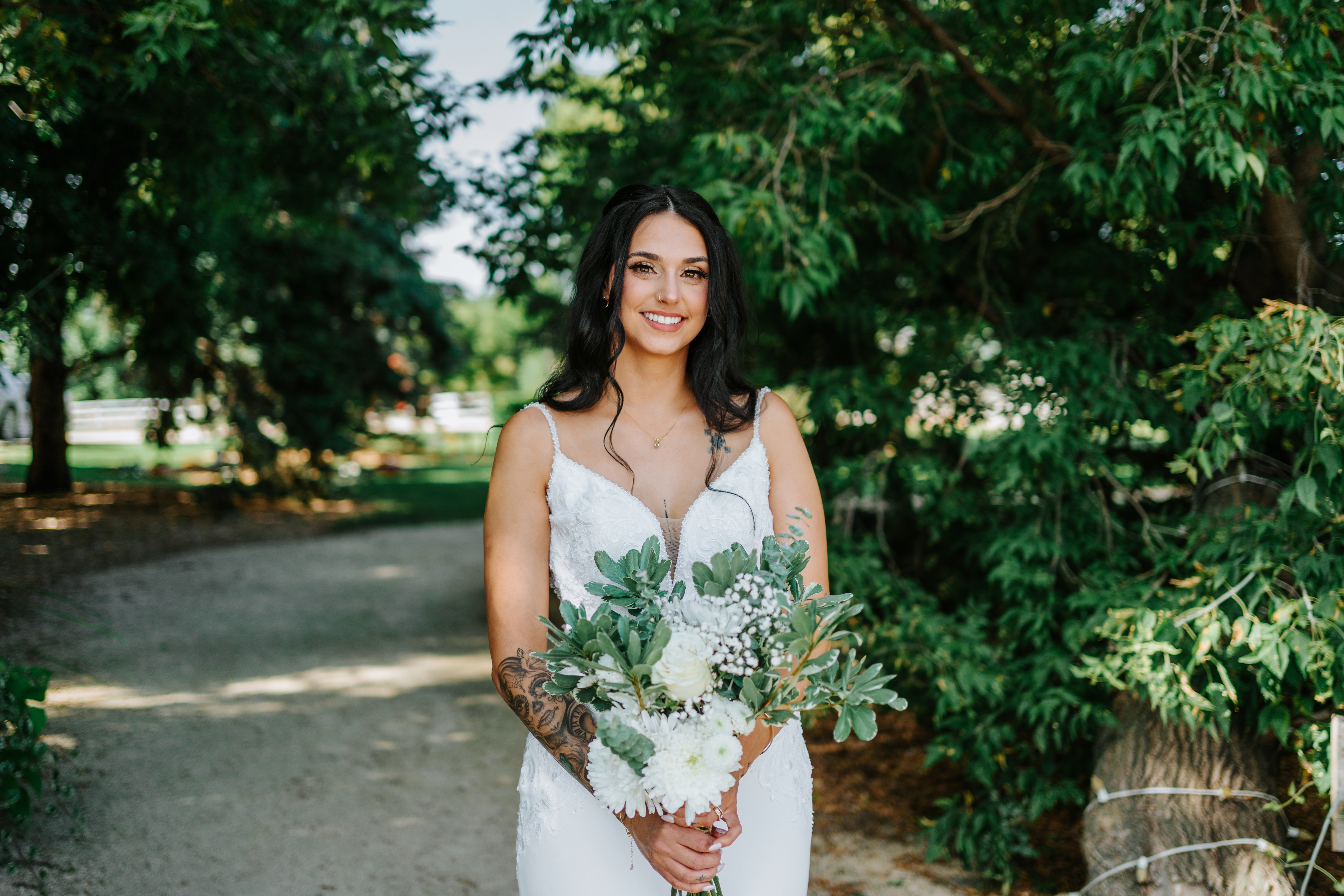 Selena bridal portrait on tree-lined path at Ashgrove Acres Manitoba — fine art wedding photography Chris Ngo