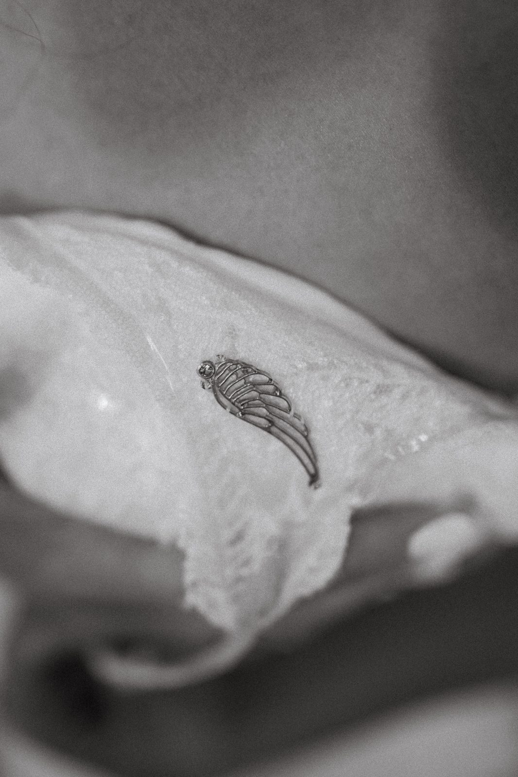 Crystal wing brooch detail, black and white — Pelican Yacht Club wedding, Ninette, Manitoba