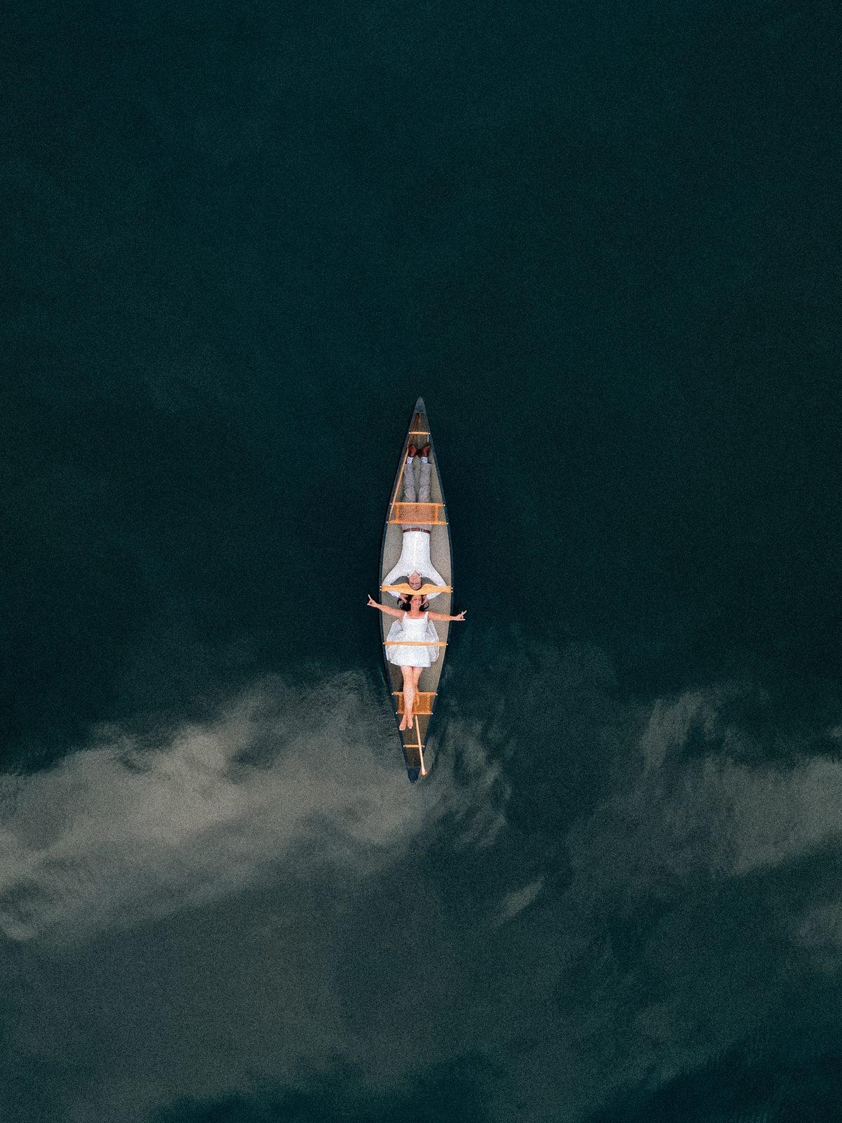 Aerial drone of Christina swimming in Pelican Lake in her wedding dress — Ninette, Manitoba