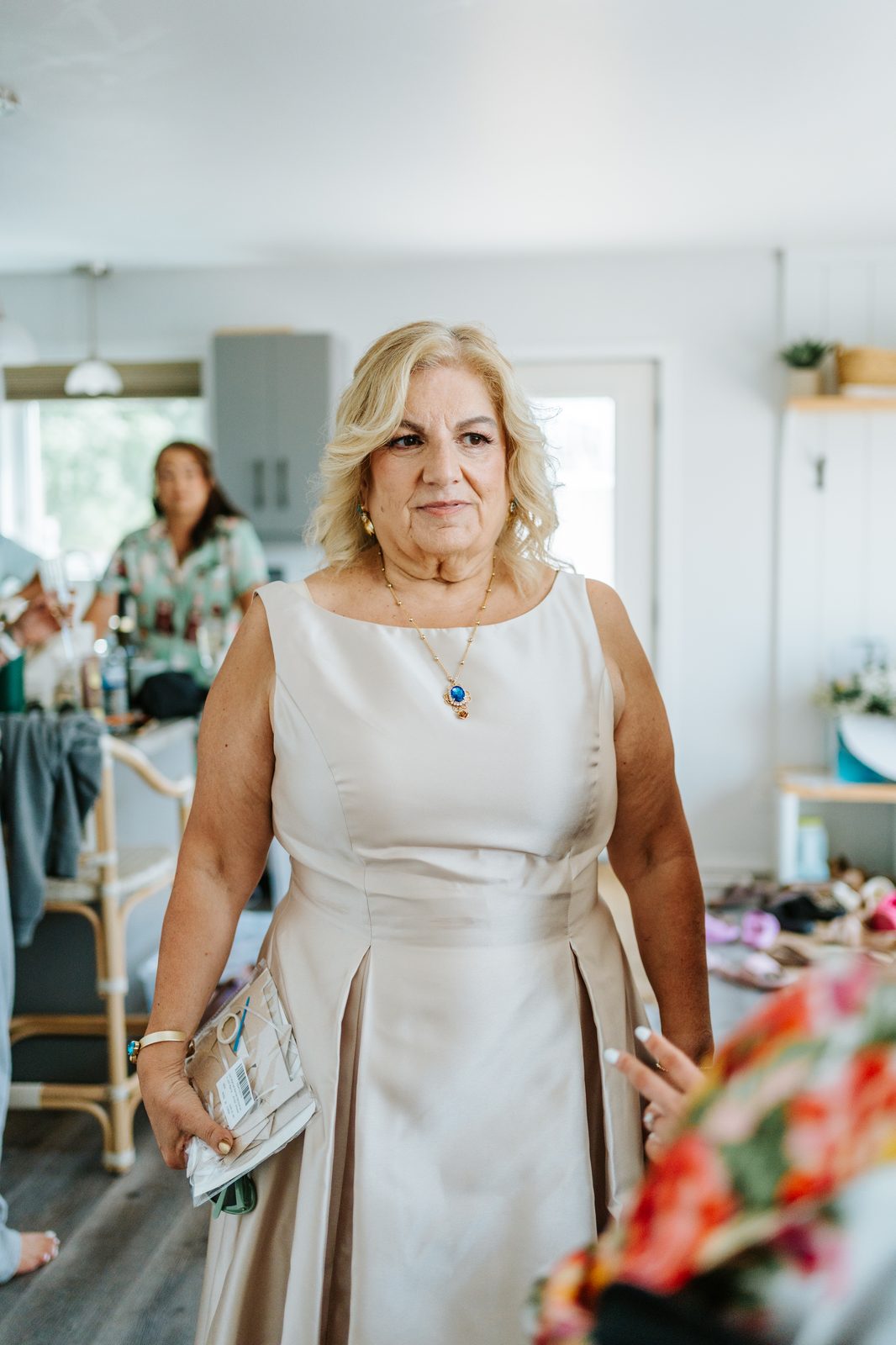 Mother of the bride at the getting-ready cabin, Pelican Yacht Club wedding, Ninette, Manitoba