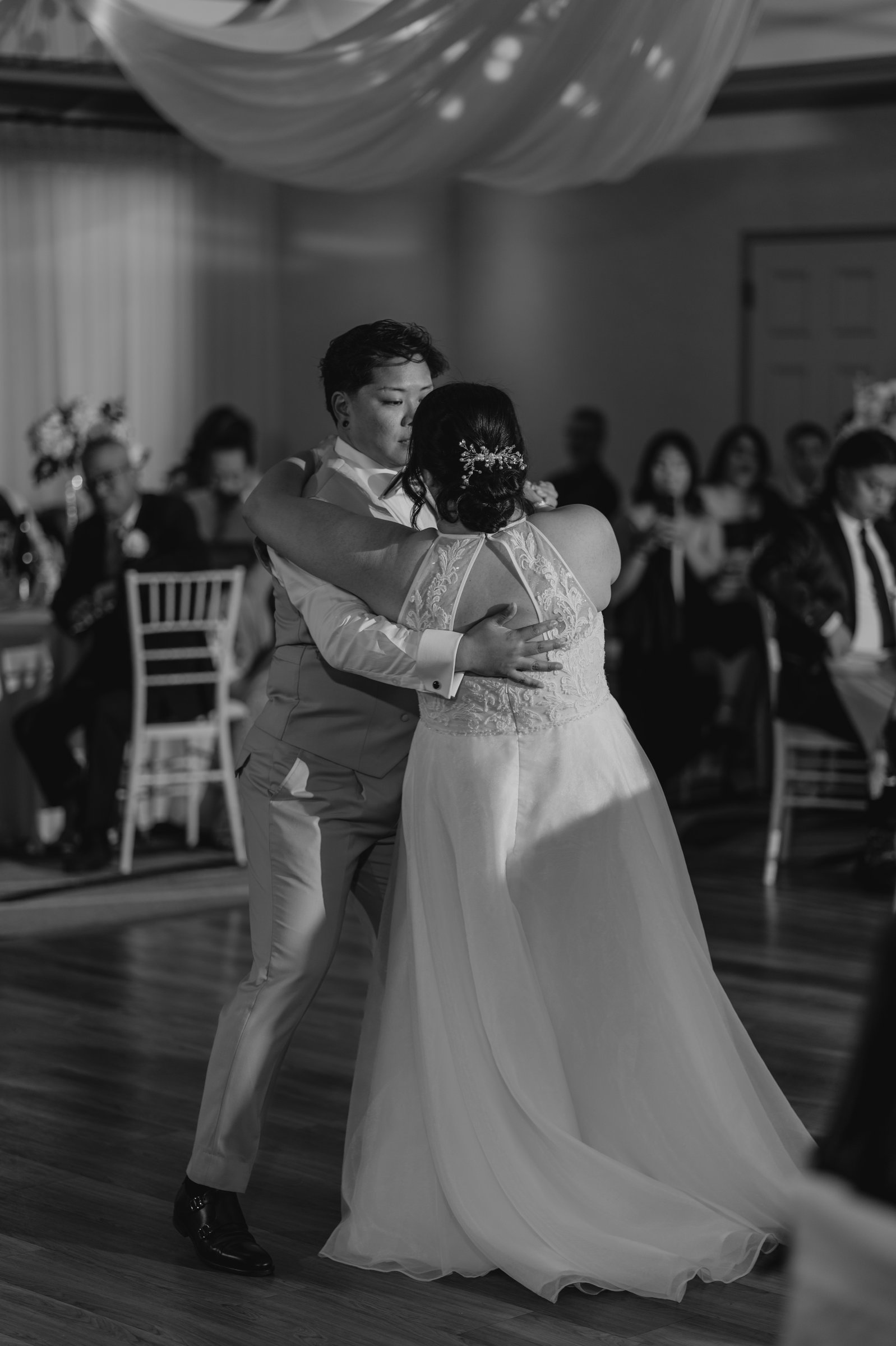 Wide reception shot in the Bel Acres Diner Hall — Gin and Marieanne wedding reception photography by Chris Ngo