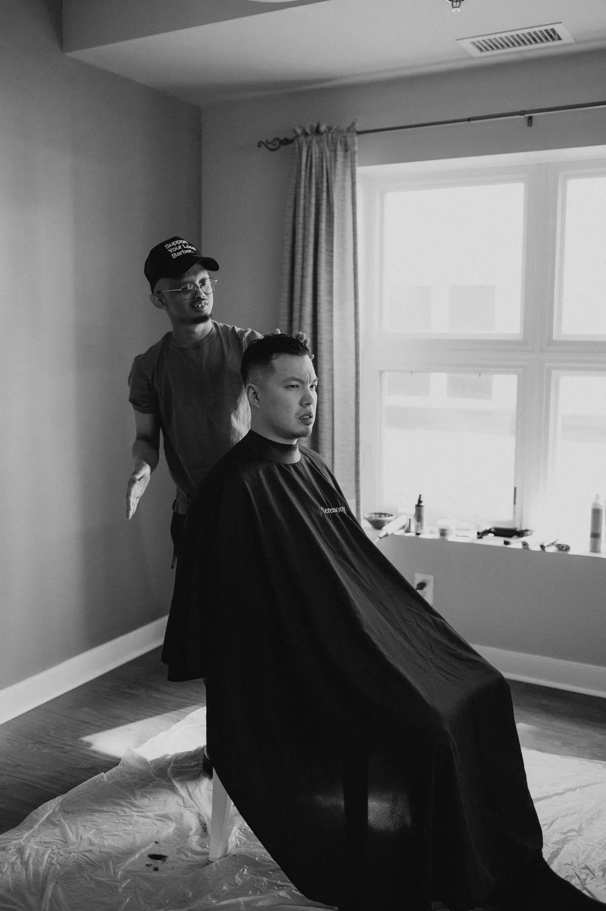 Groom portrait black and white, getting ready for wedding at Bridges Golf Course, Winnipeg