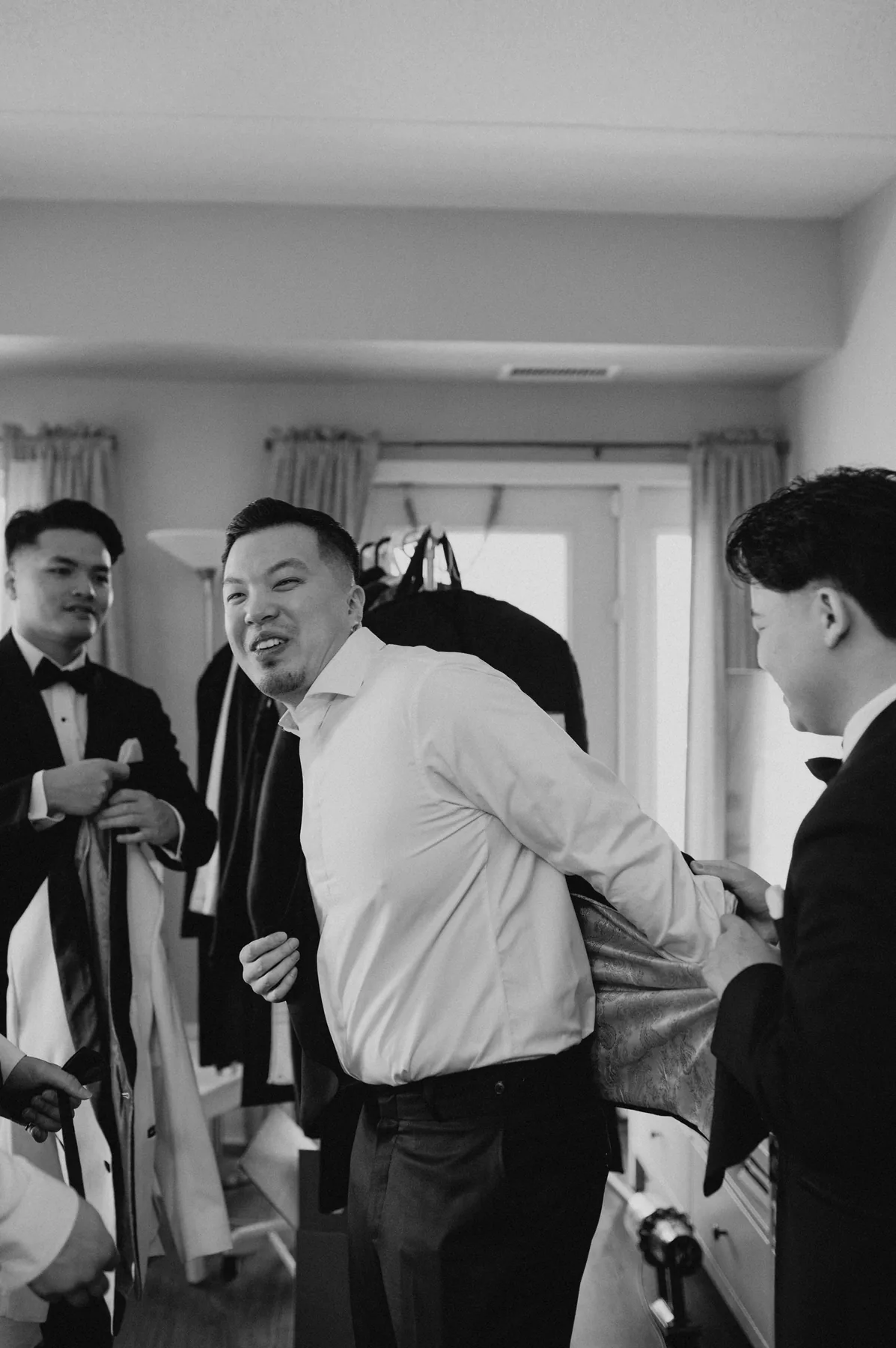 Groom suit details black and white, wedding morning at Bridges Golf Course, Winnipeg