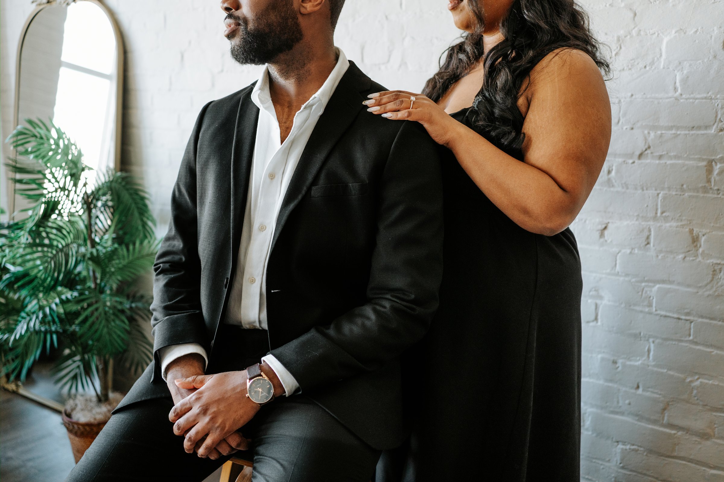 Jaida and Jordan portrait at the start of their studio session — downtown Winnipeg engagement photography by Ngo Photography
