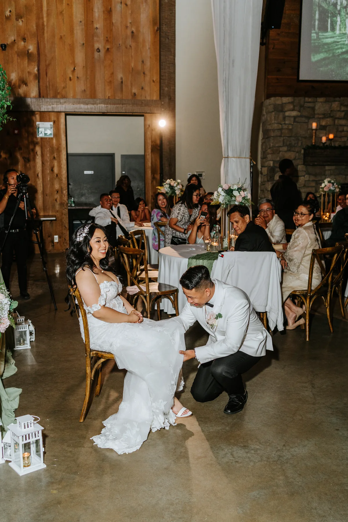 Bouquet toss at Jay and Mark's Hawthorne Estates wedding reception, Manitoba