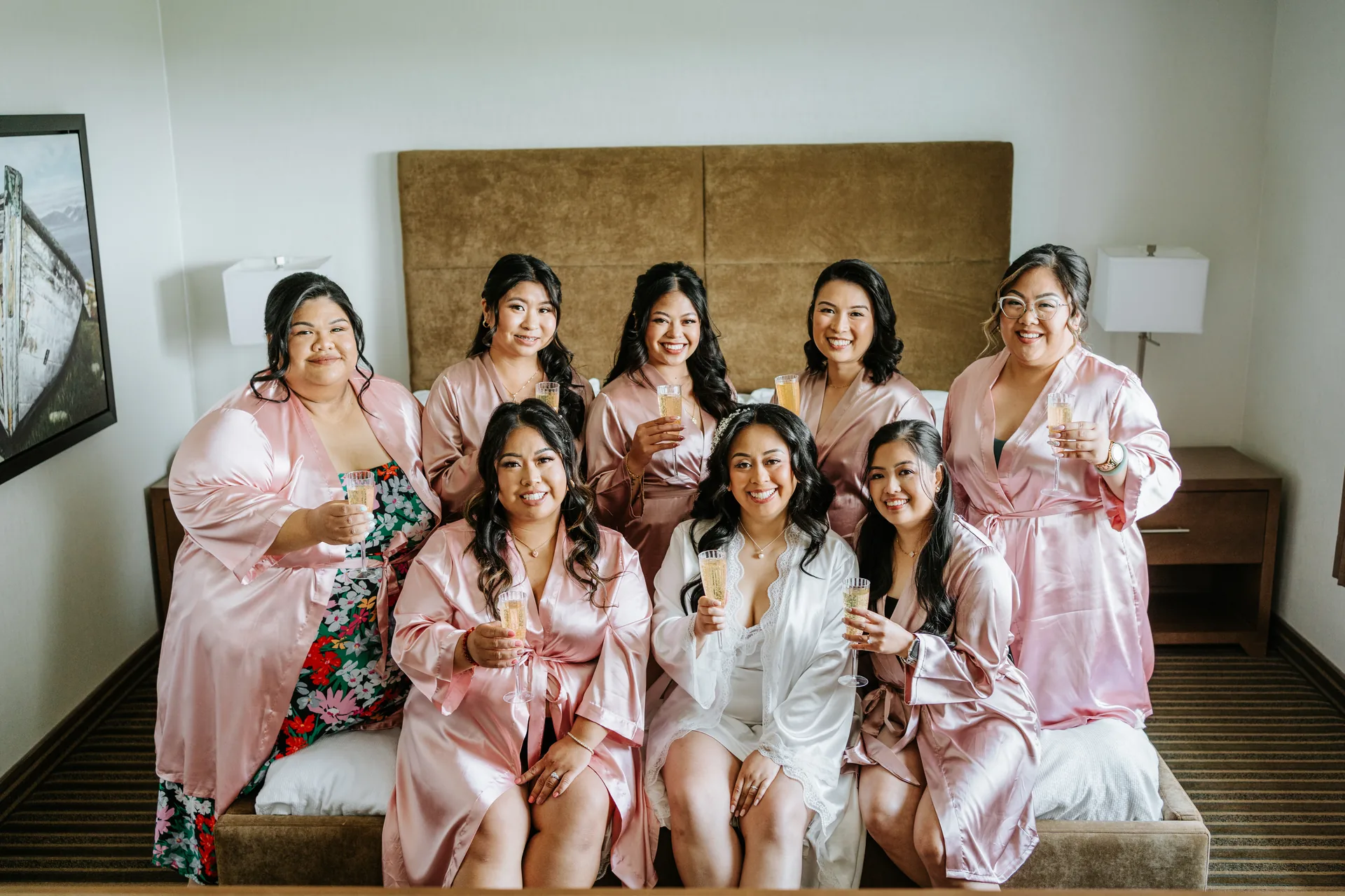 Jay and bridesmaids champagne toast getting ready — Hawthorne Estates wedding, Manitoba