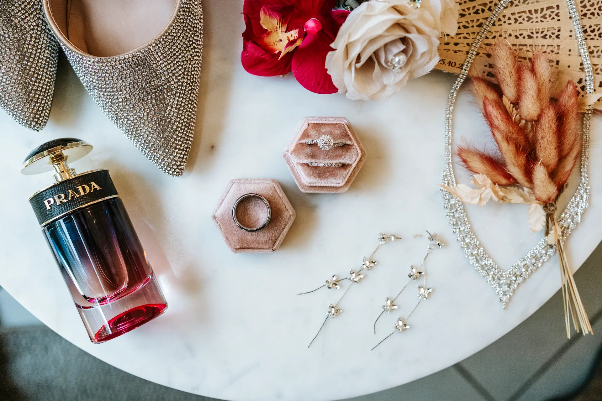 Bridal jewellery, ring and bouquet details at Oakland Estates Manitoba wedding by Chris Ngo