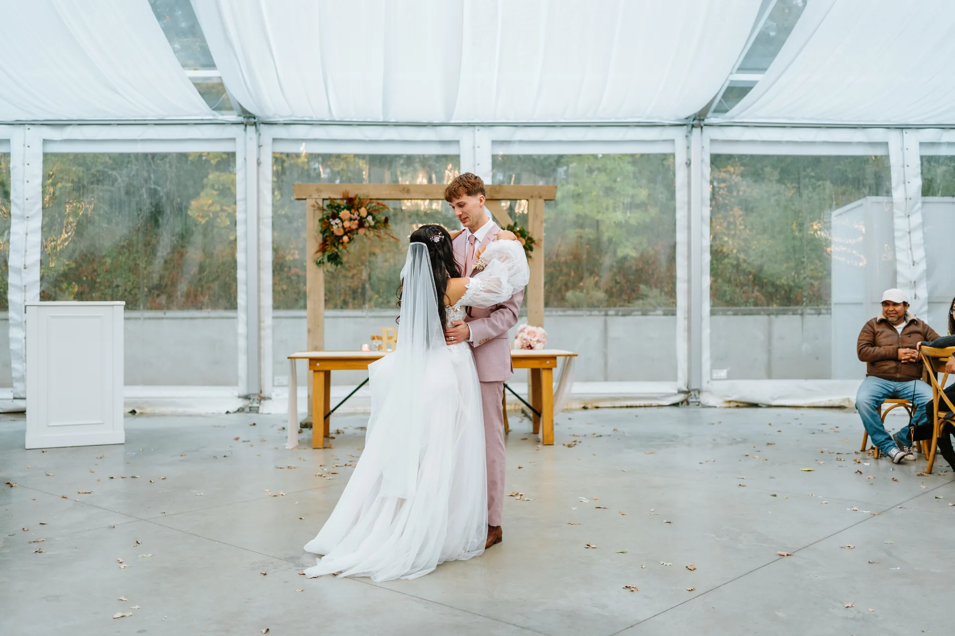 Father-daughter dance inside the glass tent at Oakland Estates Manitoba wedding reception