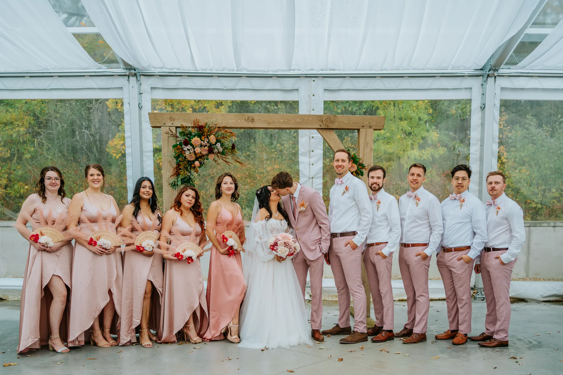Wedding party outdoor portrait with fall foliage at Oakland Estates Manitoba — Ngo Photography