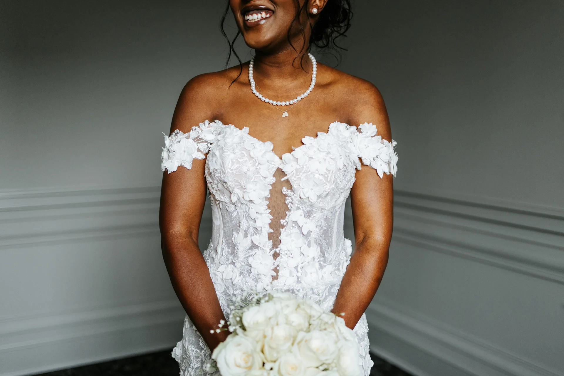 Stephanie fully ready in her 3D floral lace gown and cathedral veil at the Fort Garry Hotel, Winnipeg