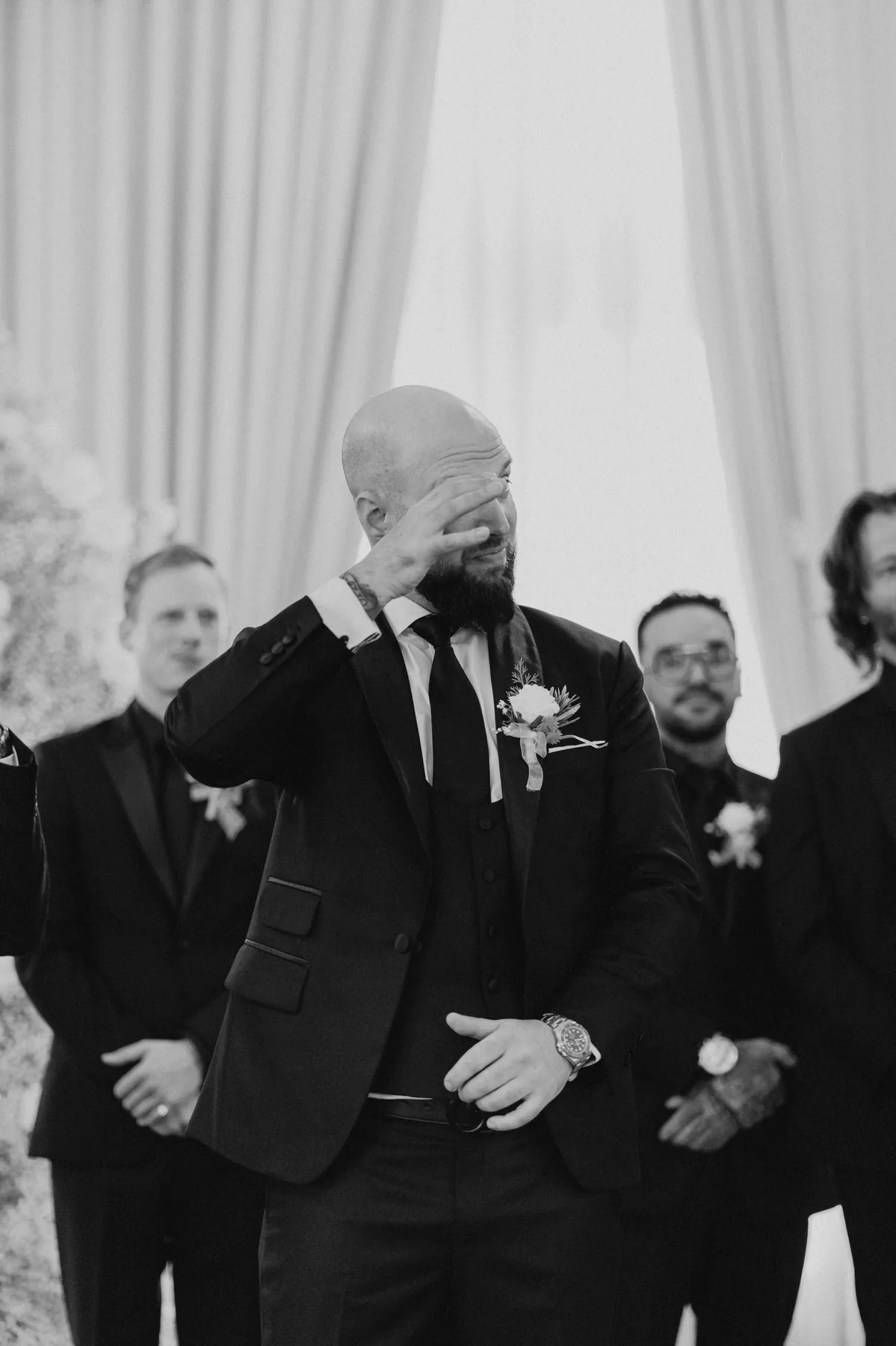 Groom emotional with tears seeing the bride at the Fort Garry Hotel ceremony, Winnipeg