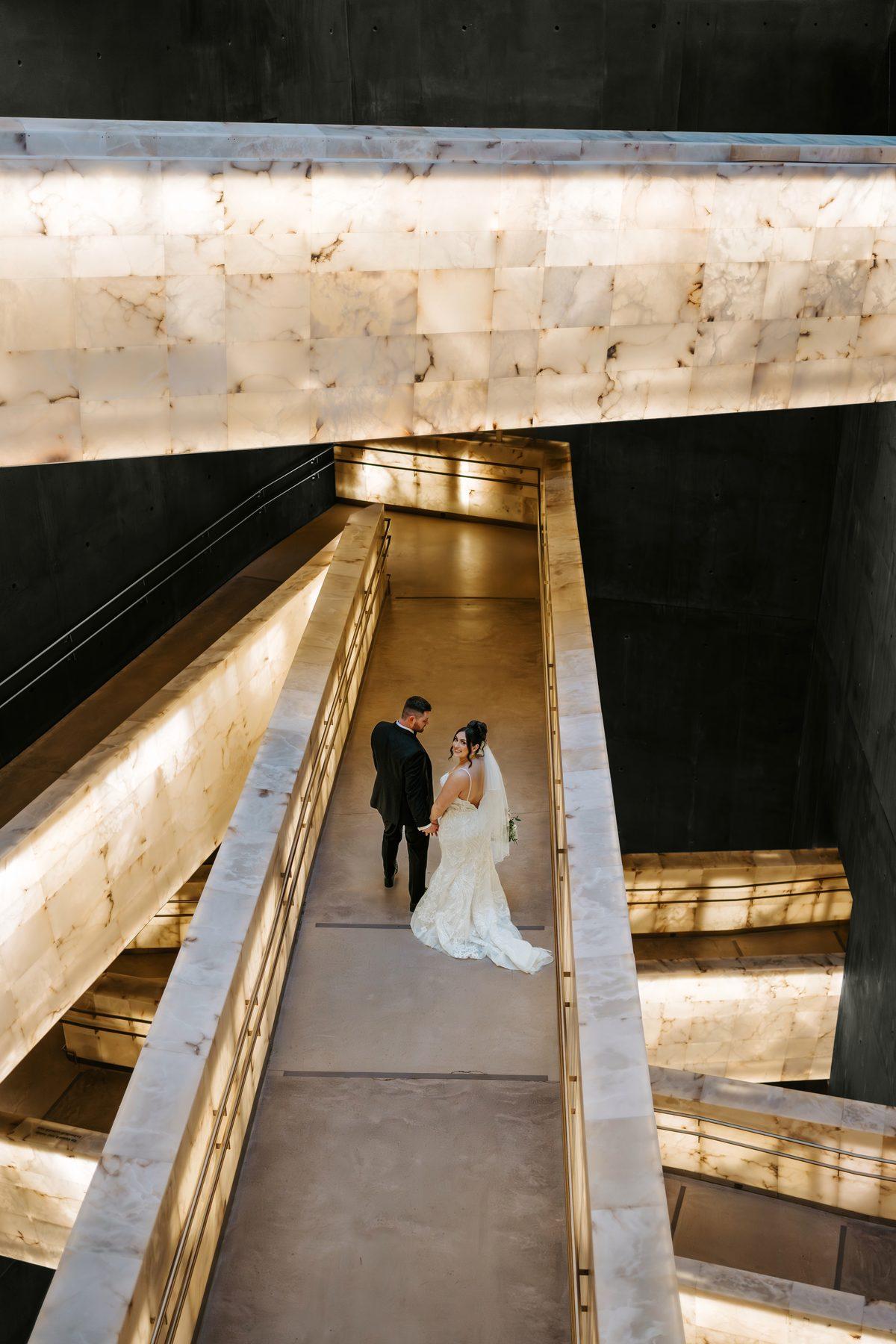 Aerial portrait of couple on the alabaster ramp at the Canadian Museum for Human Rights, Winnipeg