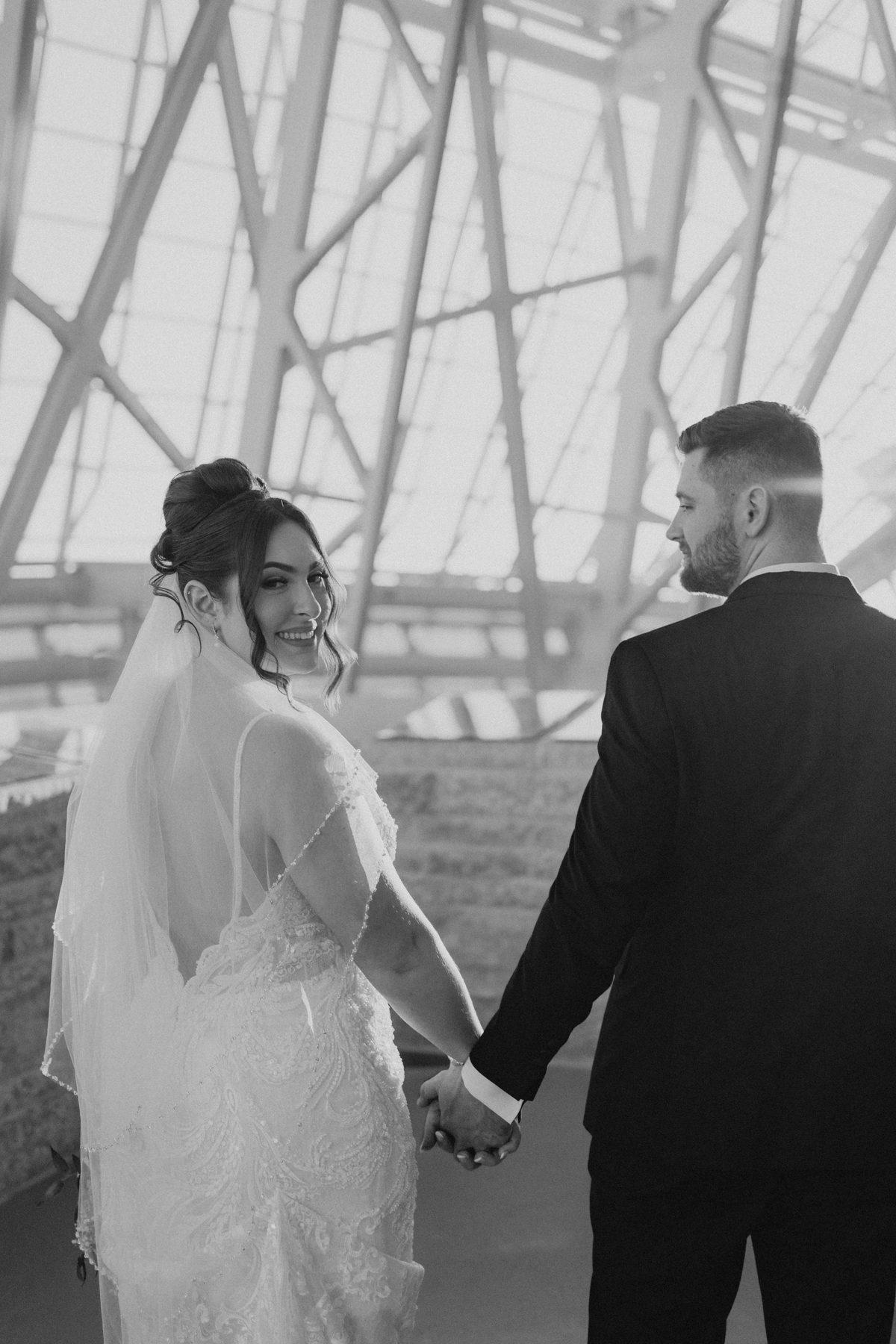 Bride looking back on the alabaster ramp at the Canadian Museum for Human Rights, Winnipeg