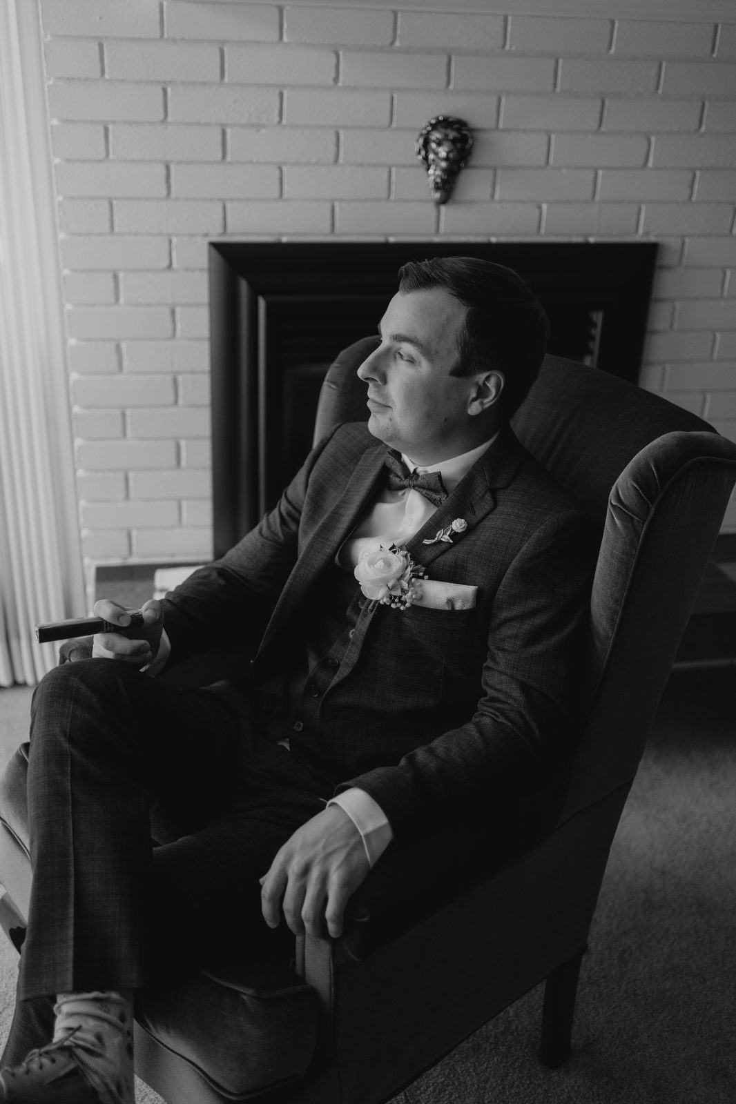 Stephanie in her floral embroidered gown, getting ready at home — Caboto Centre wedding, photography by Chris Ngo
